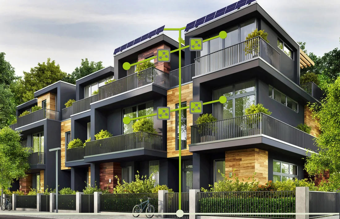 Herstellerillustration: Solarstrom wird im Mehrfamilienhaus an einzelne Wohnungen verteilt