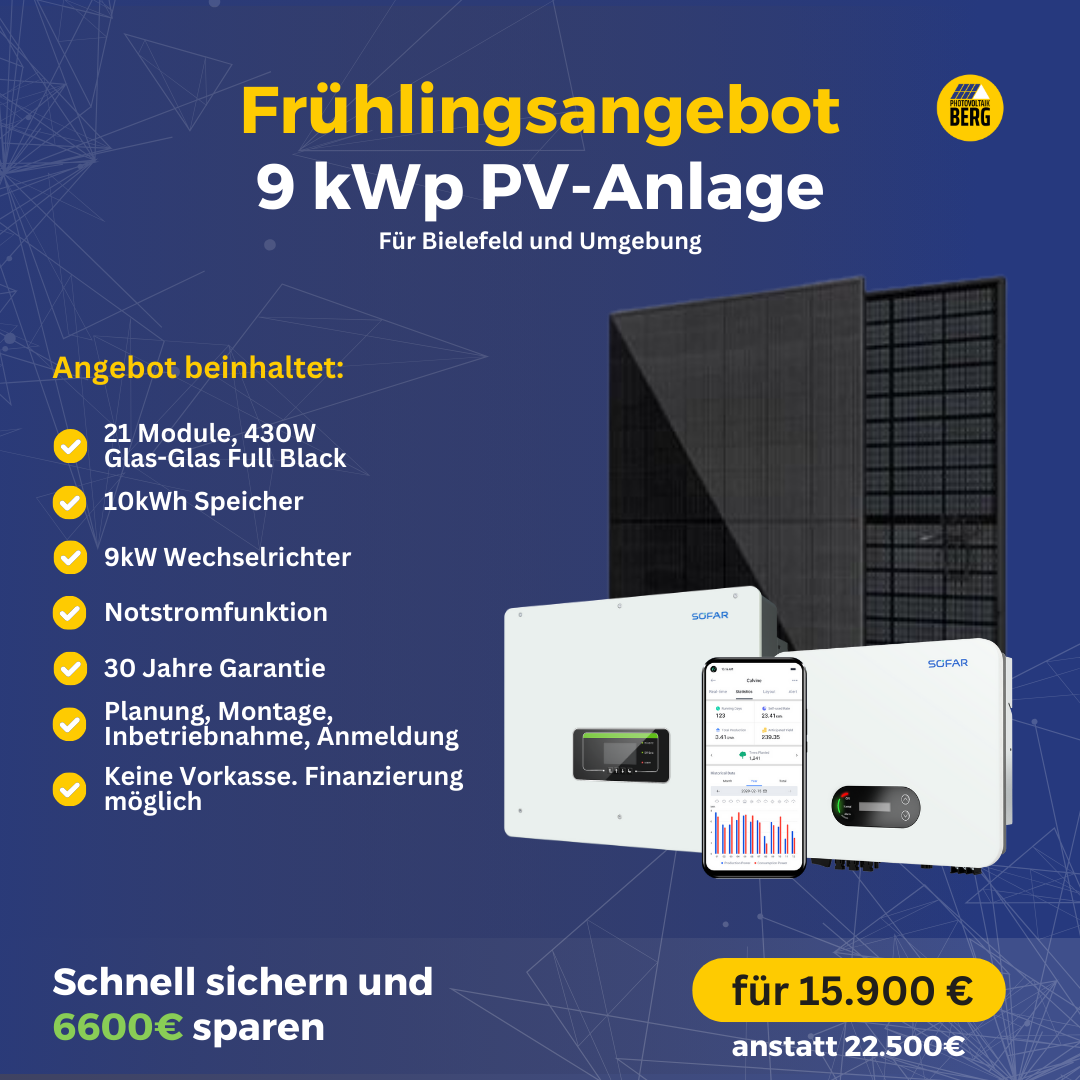 Photovoltaik Bielefeld | 8-12 kWp PV Komplettanlagen Angebot | Inkl. Speicher, Montage & Anmeldung