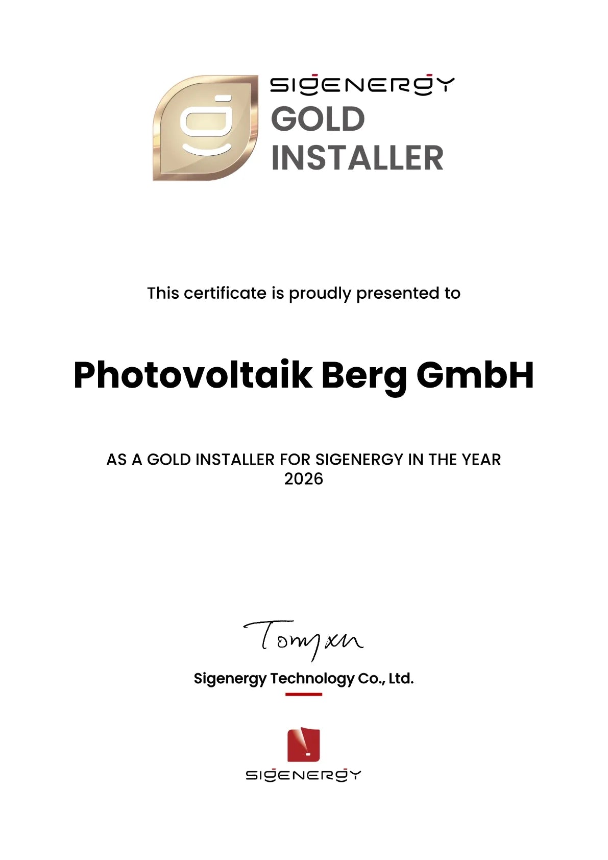 Originalzertifikat: Photovoltaik Berg GmbH ist Sigenergy Gold Installer 2026