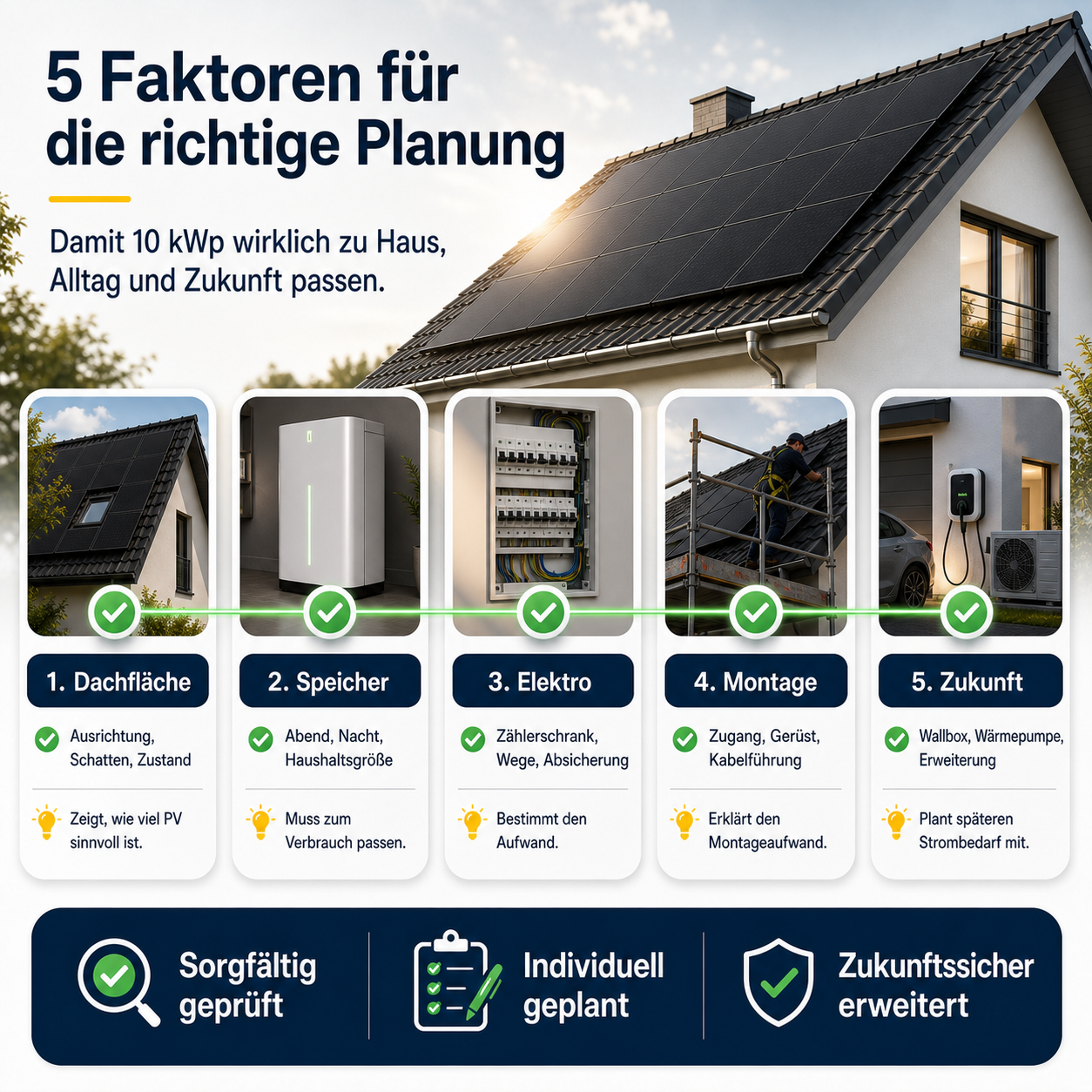 Infografik von Photovoltaik Berg: fünf Planungsfaktoren für eine 10 kWp PV-Anlage mit Speicher - Dachfläche, Speicher, Elektro, Montage und Zukunft