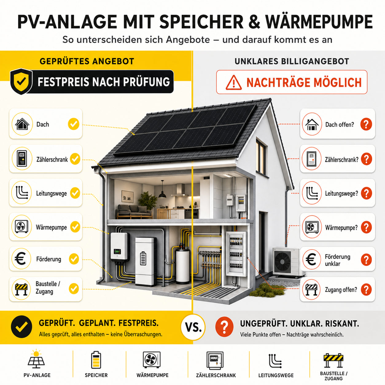 Vergleich zwischen Festpreis-Angebot und möglichen Nachträgen bei PV-Anlage, Speicher und Wärmepumpe nach Dach-, Elektro- und Heizungsprüfung.