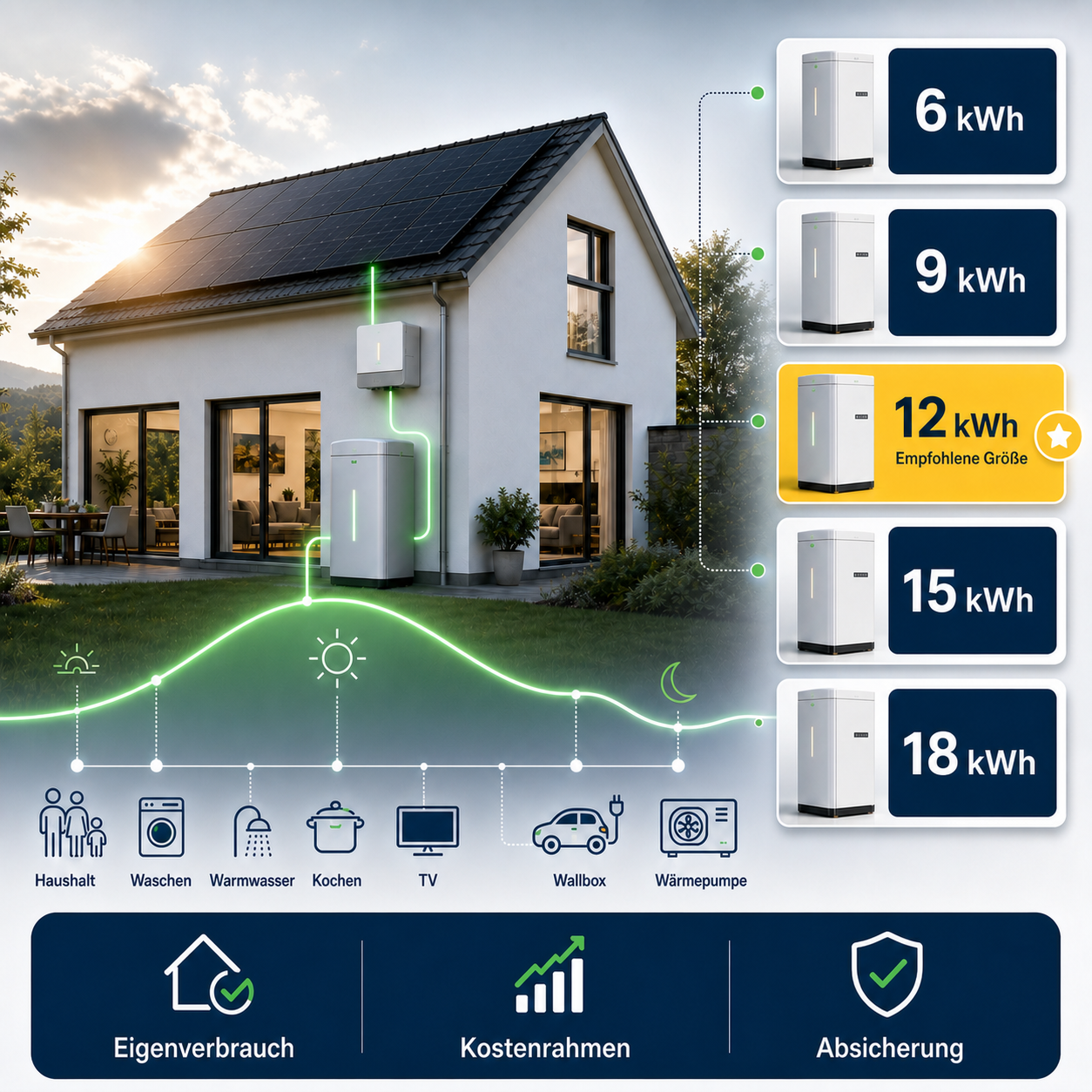 Infografik von Photovoltaik Berg: Speichergrößen 6, 9, 12, 15 und 18 kWh für eine 10 kWp PV-Anlage mit 12 kWh als empfohlene Größe